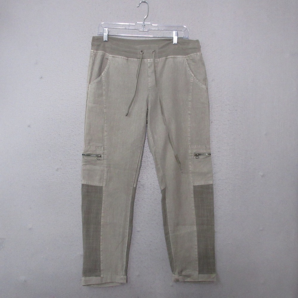 XCVI Pants Small Green Linen Cotton Drawstring Utility Mix Media Lagenlook Artsy